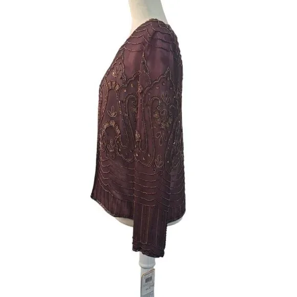 Adrianna Papell 3 Pc Set Silk Embellish Top Skirt Jacket Wedding Party Plum Sz10